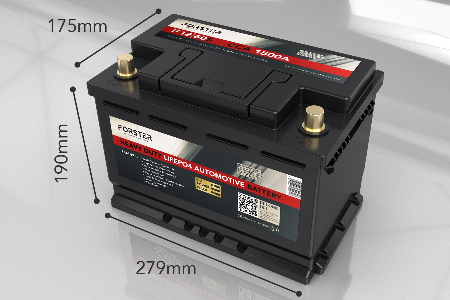 12.8V | 60Ah | LiFePO4 | Heavy Duty Automotive Lithium Batterie | 1500A | 278 x 174 x 190mm | ~8,0kg | Pb-eq 125Ah