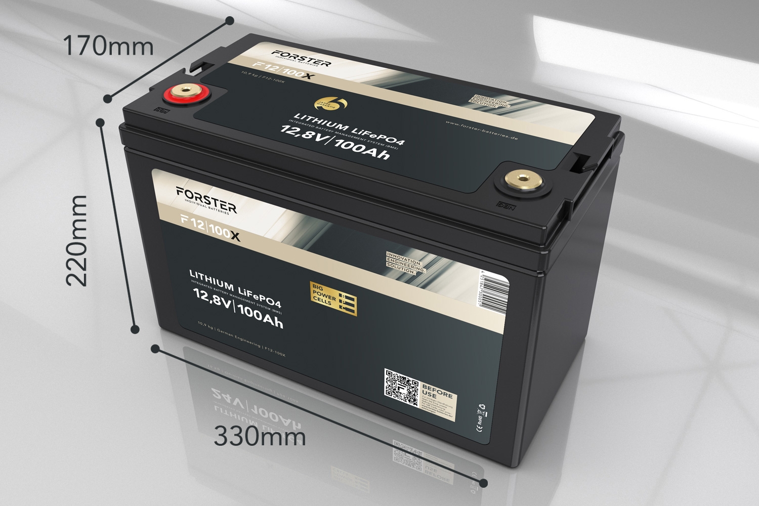 12,8V Lithium 100Ah LiFePO4 Premium Batterie  200A-BMS-2.0  1280Wh  IP67