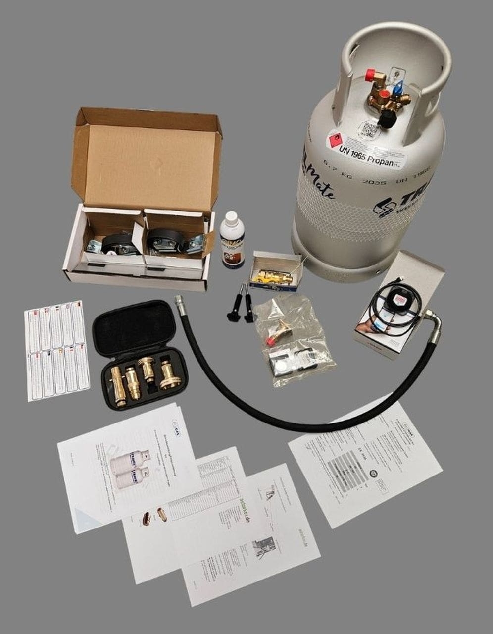 1 x 11 kg Alugas Gastankflasche TravelMate elektronische Füllstandsmessung Set CE inkl. Tankadapterset Europa mit Sinter-Filtern