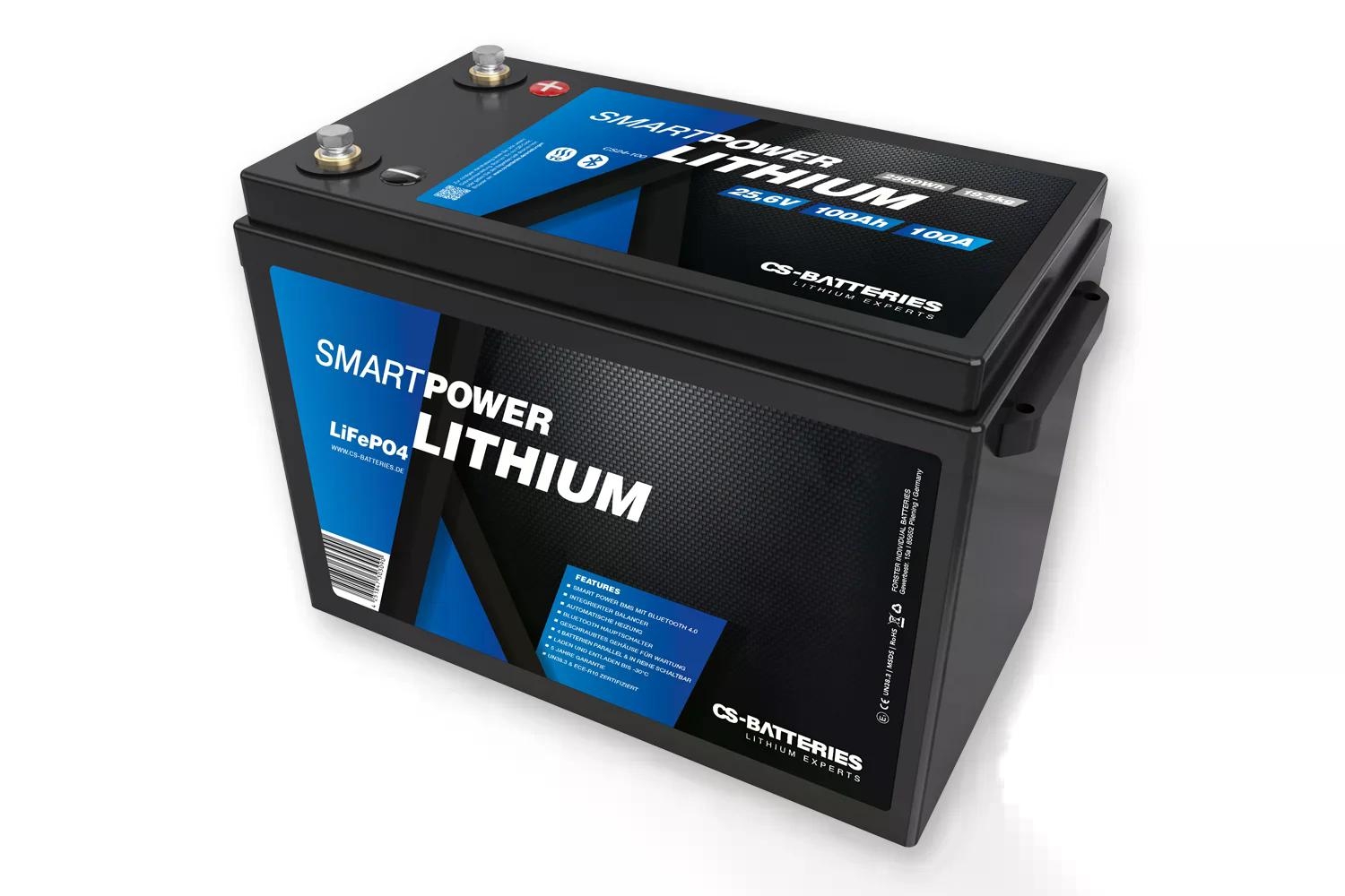 100Ah  25,6V  2560h  SMART POWER Lithium LiFePO4 Batterie mit Bluetooth 5.0  integriertem 100A-200A BMS 2.1  Heizung