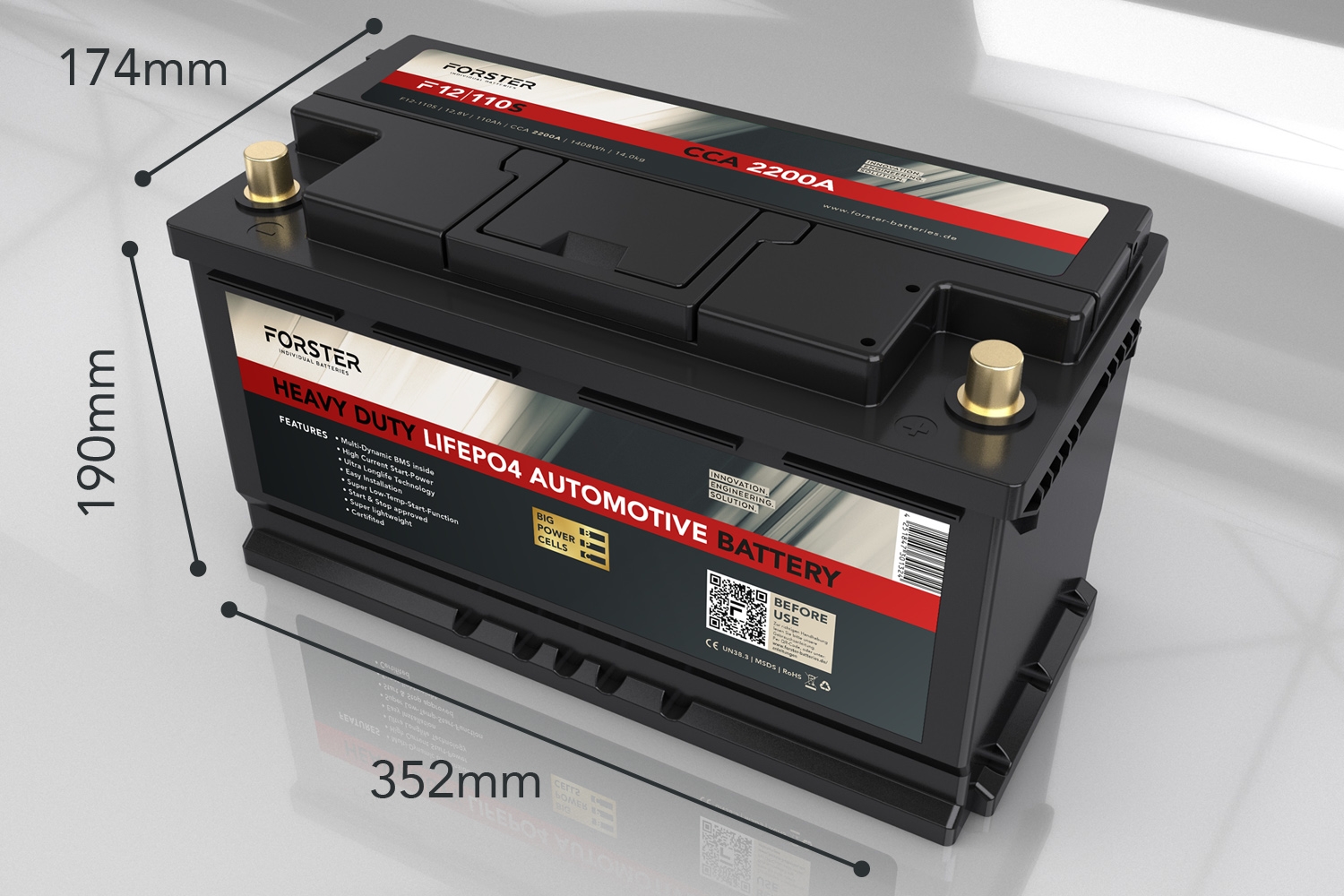 12.8V | 110Ah | LiFePO4 | Heavy Duty Automotive Lithium Batterie | 2200A | 355 x 176 x 190mm | ~14.0kg | Pb-eq  220Ah
