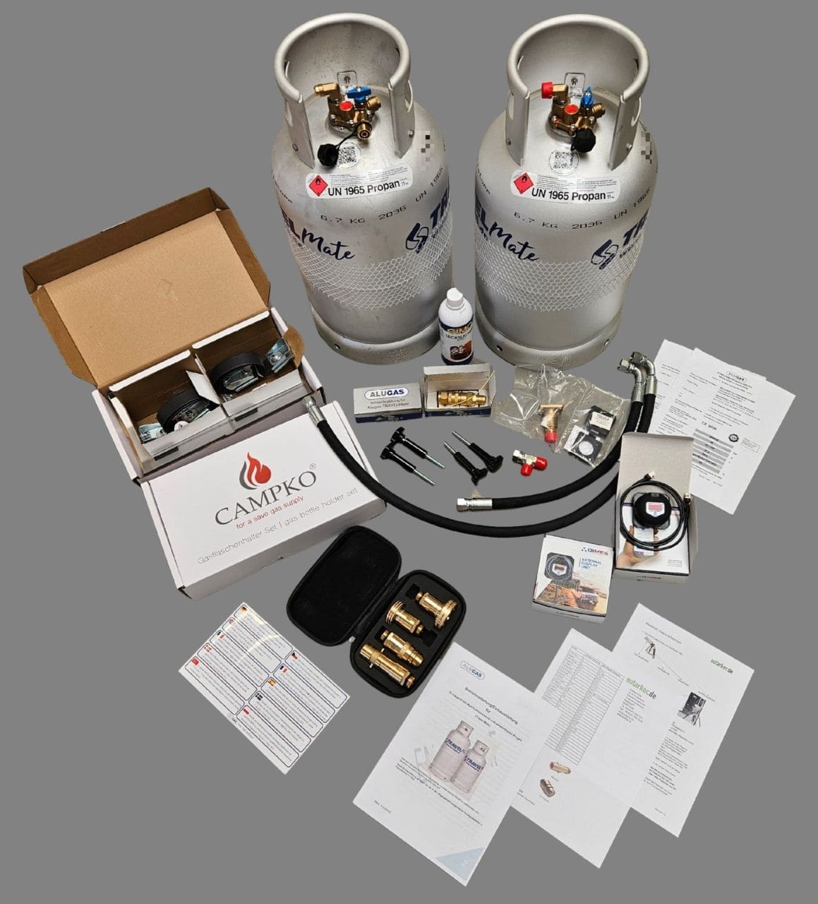 2 x 11 kg Alugas Gastankflasche TravelMate elektronische Füllstandsmessung Set CE inkl. Tankadapterset Europa mit Sinter-Filtern