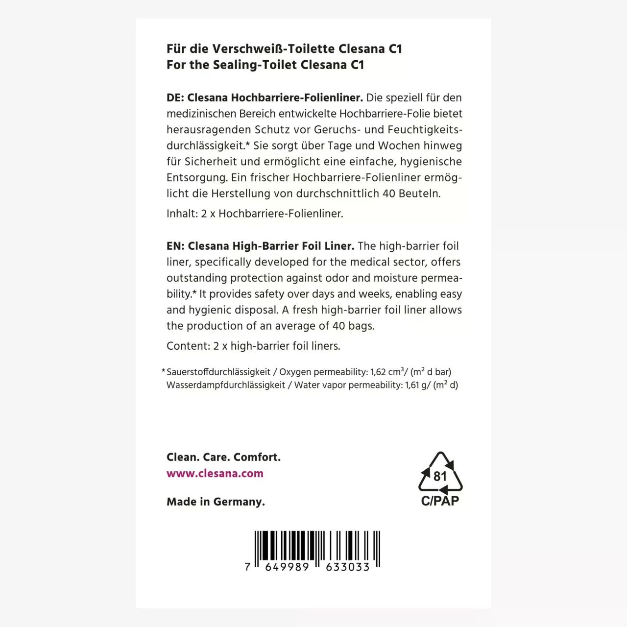 Hochbarriere-Folienliner - 2er Pack Nachfüllfolien für Verschweißtoilette Clesana C1
