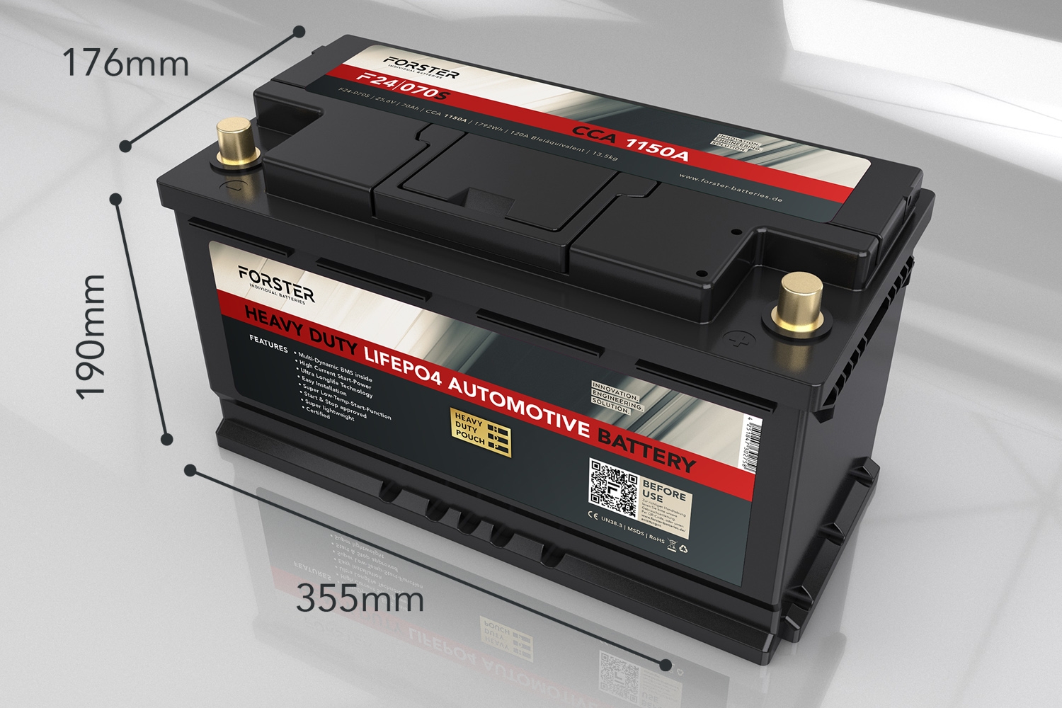 25,6V | 70Ah | LiFePO4 | Heavy Duty Automotive Lithium Batterie | 1150A | 355 x 176 x 190mm | ~13,5kg | Pb-eq  140Ah