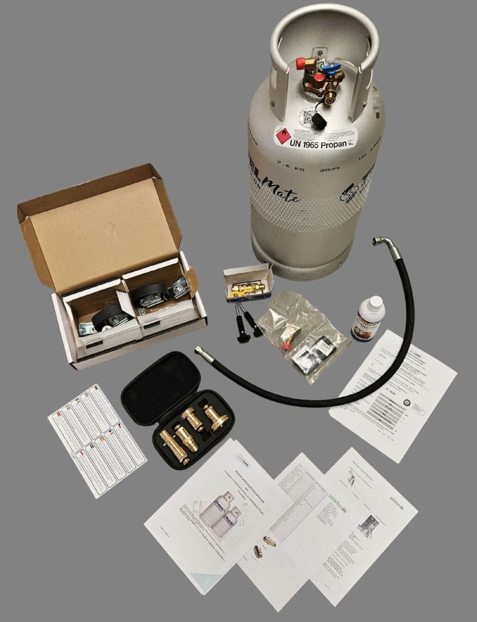 1 x 14 kg Alugas Gastankflaschen Travelmate mechanische Füllstandsmessung Set CE inkl. Tankadapterset Europa mit Sinter-Filtern