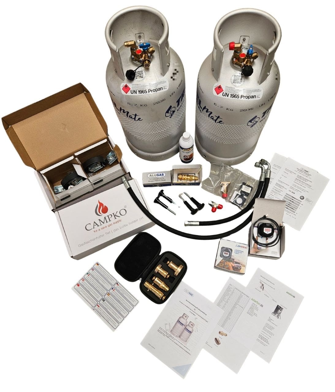 2 x 11 kg Alugas Gastankflasche TravelMate elektronische Füllstandsmessung Set CE inkl. Tankadapterset Europa mit Sinter-Filtern