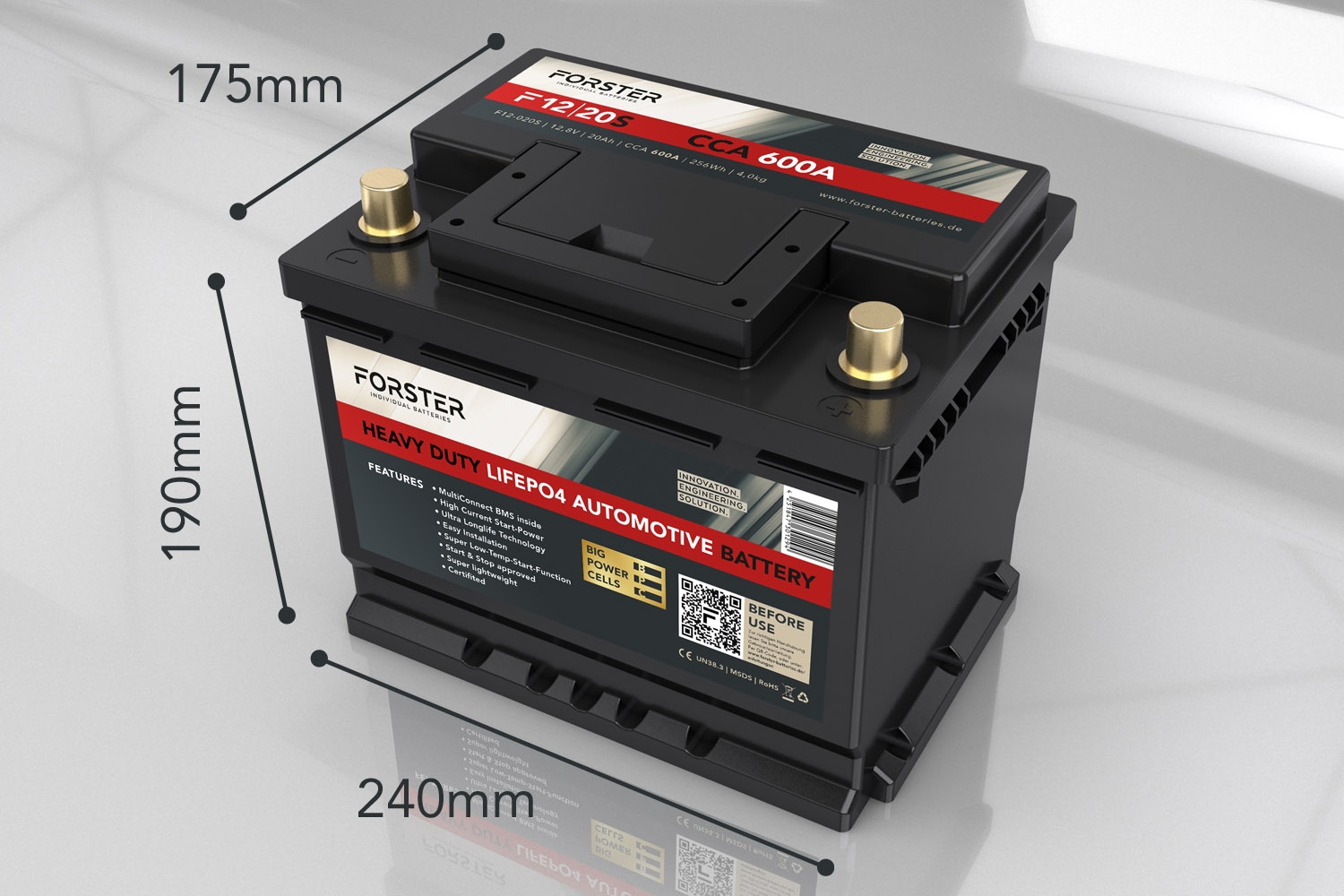 12.8V | 20Ah | LiFePO4 | Heavy Duty Automotive Lithium Batterie |   600A | 240 x 174 x 190mm | ~4,3kg | Pb-eq 45Ah