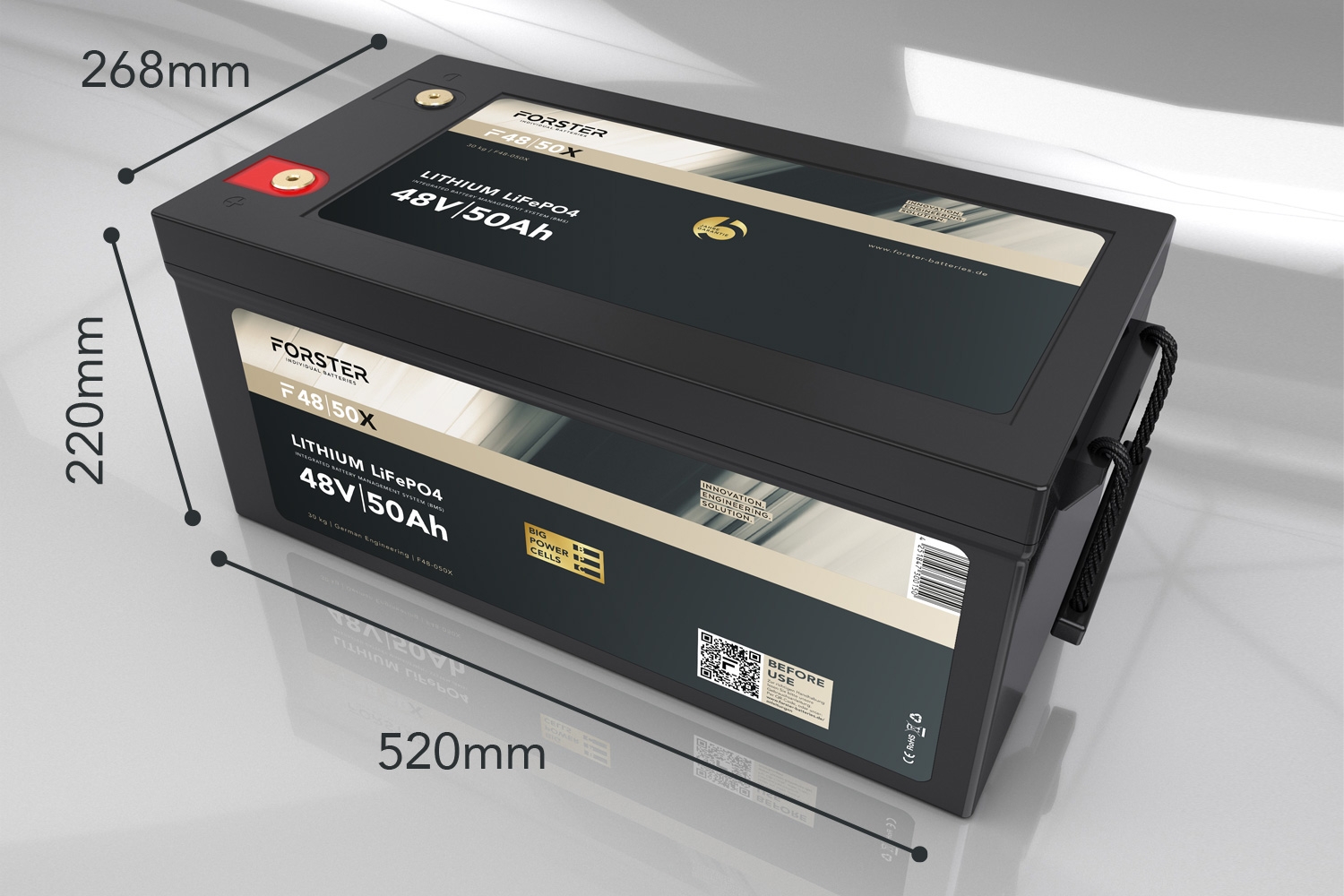 51,2V Lithium 50Ah LiFePO4 Premium Batterie  200A-BMS-2.0  500A Bluetooth Mess-Shunt  2560Wh  IP67