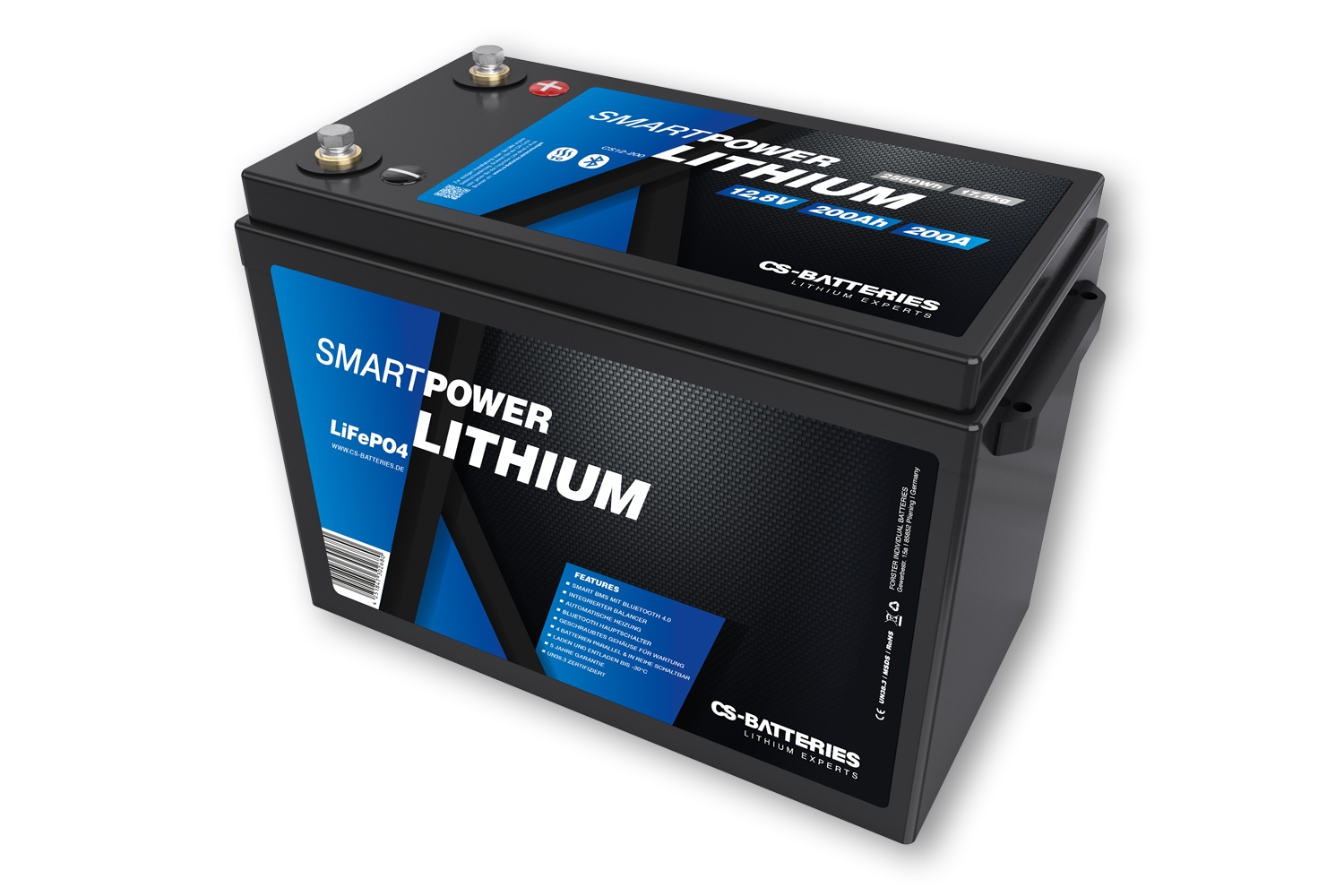 200Ah  12,8V  2560Wh  SMART POWER Lithium LiFePO4 Batterie mit Bluetooth 4.0  integriertem 200A-400A BMS  Heizung